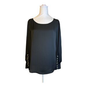 Elegant Black Long Sleeve Blouse with Pearl Button Detail Scoop Neck Dressy Top